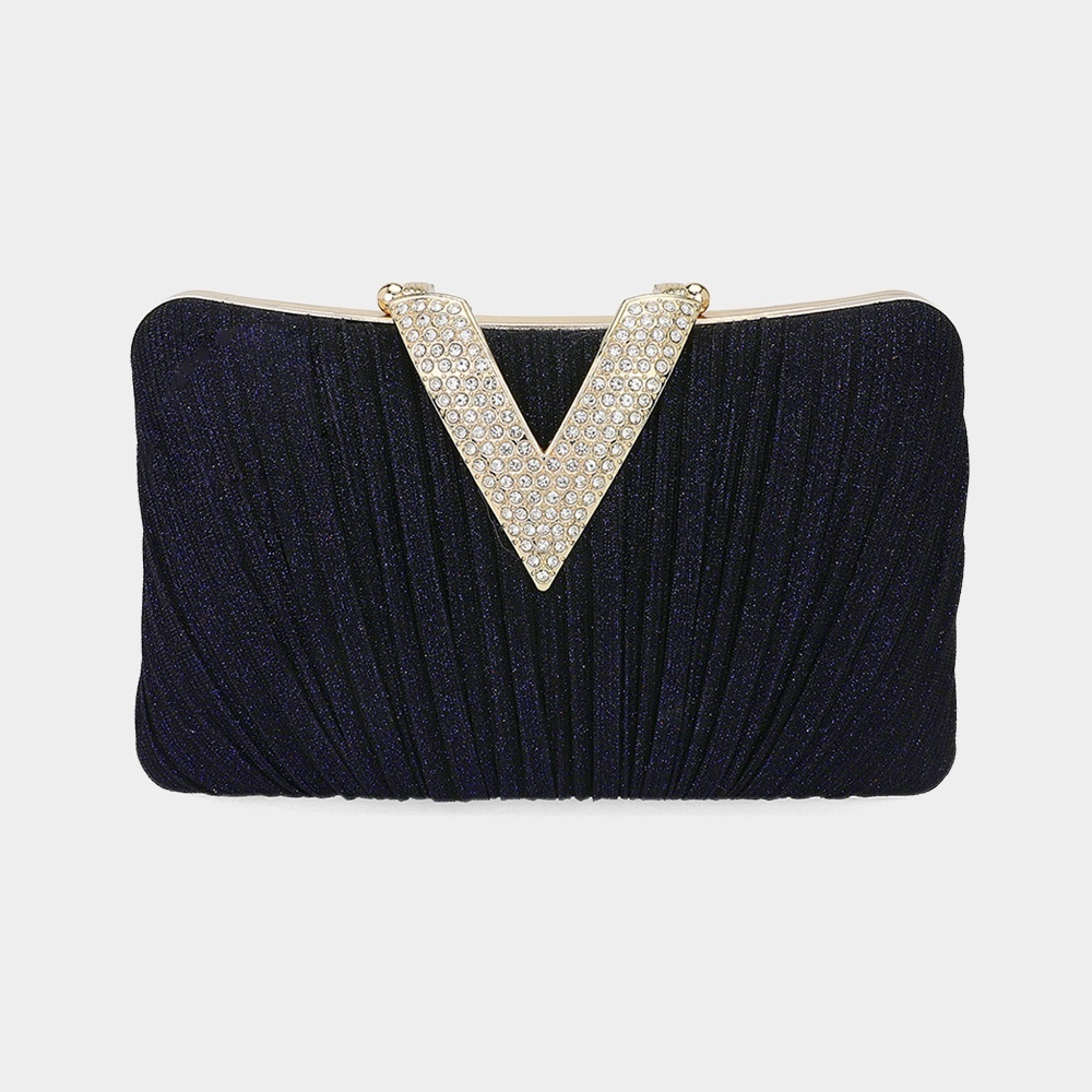 Fashion, Elegant Navy Evening Clutch with Gold Crystal V Accent